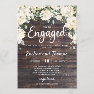 Greenery foliage white rose wood rustic engagement invitation