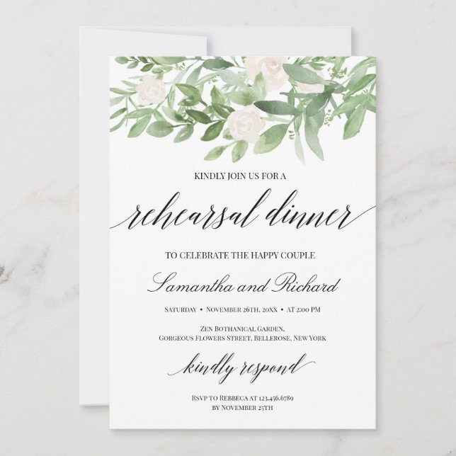 Greenery foliage white roses boho rehearsal dinner invitation (Front)