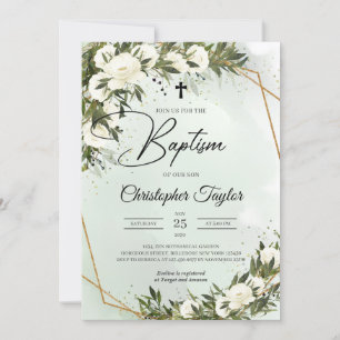 Greenery foliage white roses olive gold Baptism Invitation