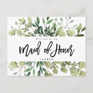 greenery foliage will you be my maid of honour announcement postcard