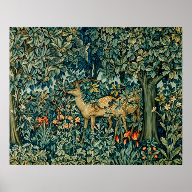 GREENERY,FOREST ANIMALS, DOES ,BIRDS Floral  Poster (Front)