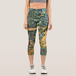GREENERY,FOREST ANIMALS,FOX AND HARE,GREEN FLORAL CAPRI LEGGINGS