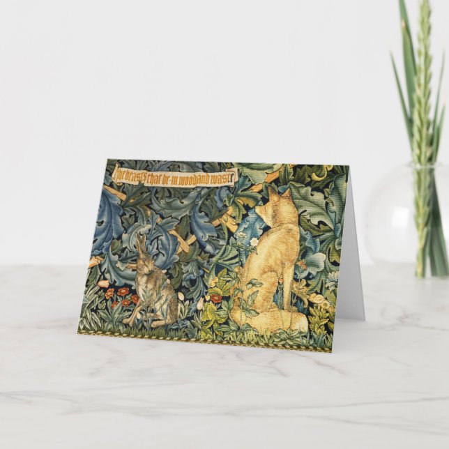 GREENERY,FOREST ANIMALS,FOX AND HARE,GREEN FLORAL HOLIDAY CARD (Front)