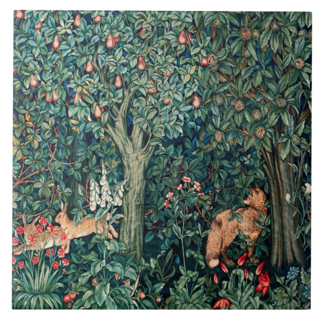 GREENERY,FOREST ANIMALS Hares,Fox,Green Floral Ceramic Tile (Front)
