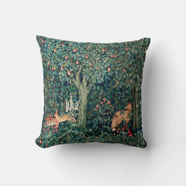 GREENERY,FOREST ANIMALS Hares ,Fox,Green Floral Cushion (Front)