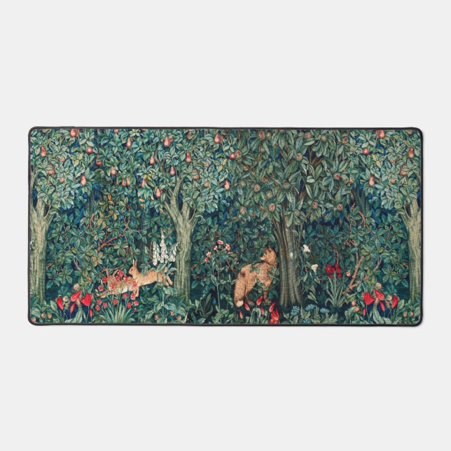 GREENERY,FOREST ANIMALS Hares ,Fox,Green Floral Desk Mat (Front)