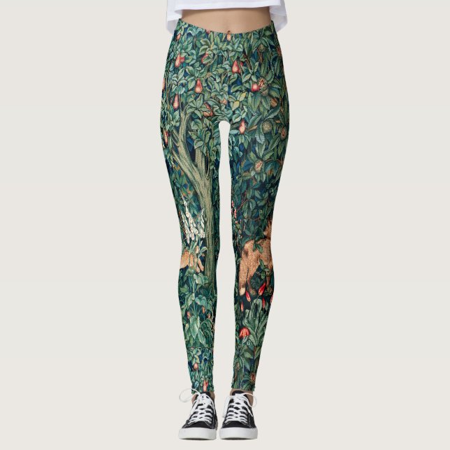 GREENERY,FOREST ANIMALS Hares ,Fox,Green Floral Leggings (Front)