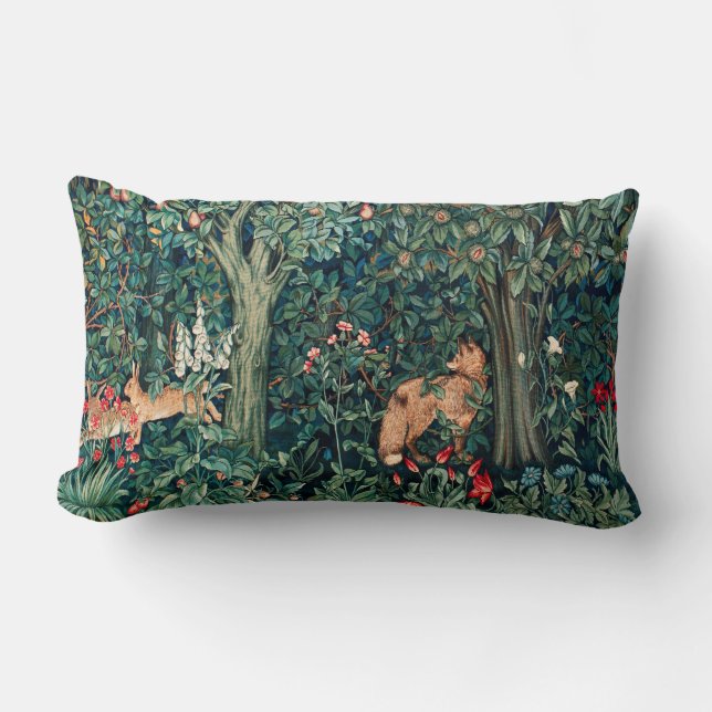 GREENERY,FOREST ANIMALS Hares ,Fox,Green Floral Lumbar Cushion (Front)