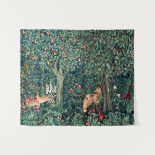 GREENERY,FOREST ANIMALS Hares ,Fox,Green Floral  Tapestry