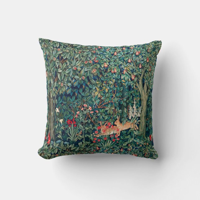 GREENERY,FOREST ANIMALS Hares ,Green Floral Cushion (Front)