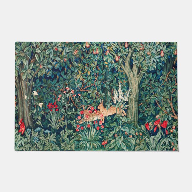 GREENERY,FOREST ANIMALS Hares ,Green Floral  Doormat (Front)