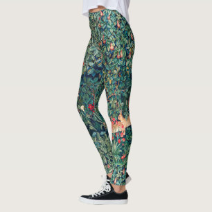 GREENERY,FOREST ANIMALS Hares Green Floral Leggings