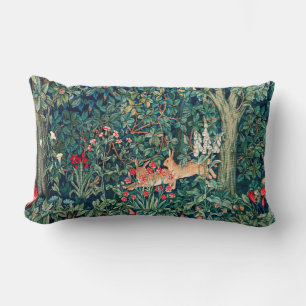 GREENERY,FOREST ANIMALS Hares ,Green Floral Lumbar Cushion