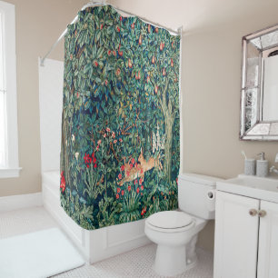 GREENERY,FOREST ANIMALS Hares ,Green Floral Shower Curtain