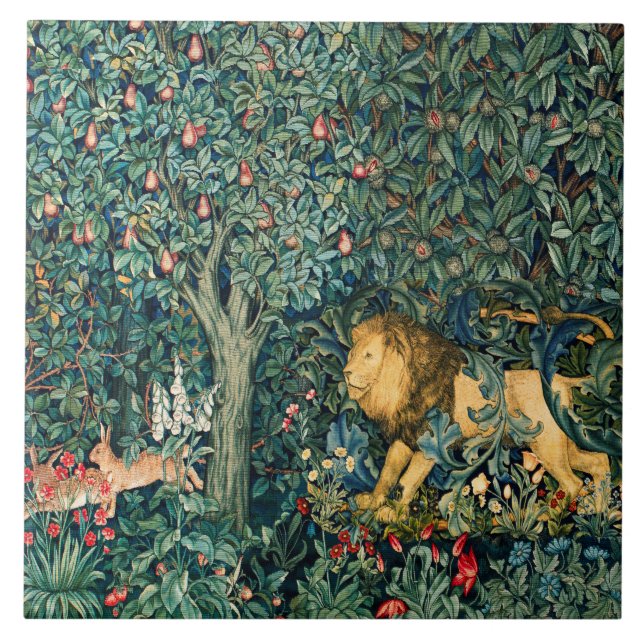 GREENERY,FOREST ANIMALS Lion and Hares  Ceramic Tile (Front)