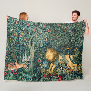 GREENERY,FOREST ANIMALS Lion and Hares Floral Fleece Blanket