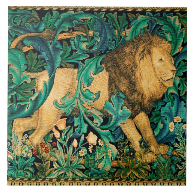 GREENERY,FOREST ANIMALS LION Floral  Ceramic Tile (Front)