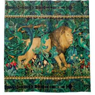 GREENERY,FOREST ANIMALS  LION Floral  Shower Curtain