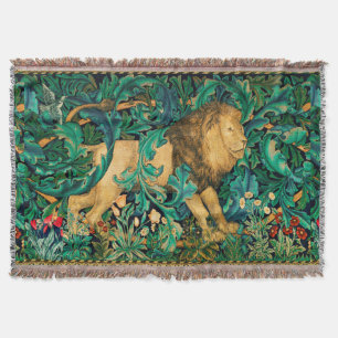 GREENERY,FOREST ANIMALS  LION Floral Throw Blanket