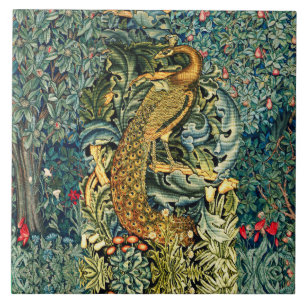 GREENERY, FOREST ANIMALS,PEACOCK IN GREEN FLORAL   CERAMIC TILE