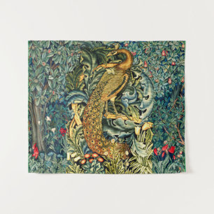 GREENERY, FOREST ANIMALS,PEACOCK IN GREEN FLORAL  TAPESTRY