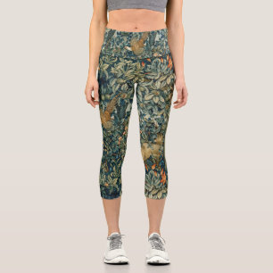 GREENERY,FOREST ANIMALS Pheasant ,Fox,Green Floral Capri Leggings