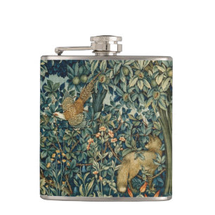 GREENERY,FOREST ANIMALS Pheasant ,Fox,Green Floral Hip Flask