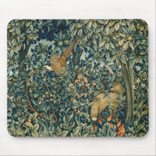 GREENERY,FOREST ANIMALS Pheasant ,Fox,Green Floral Mouse Pad