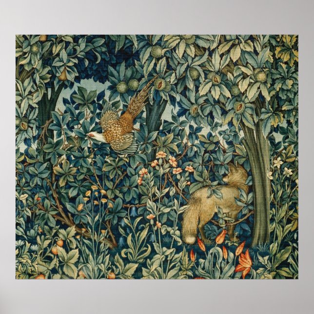 GREENERY,FOREST ANIMALS Pheasant ,Fox,Green Floral Poster (Front)
