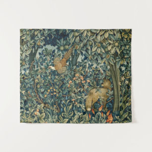 GREENERY,FOREST ANIMALS Pheasant ,Fox,Green Floral Tapestry