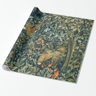 GREENERY,FOREST ANIMALS Pheasant ,Fox,Green Floral Wrapping Paper