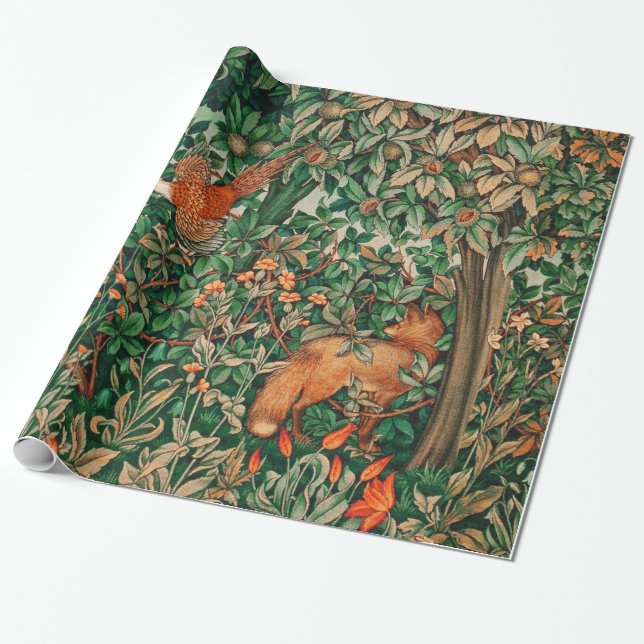 GREENERY,FOREST ANIMALS Pheasant ,Fox,Green Floral Wrapping Paper (Unrolled)