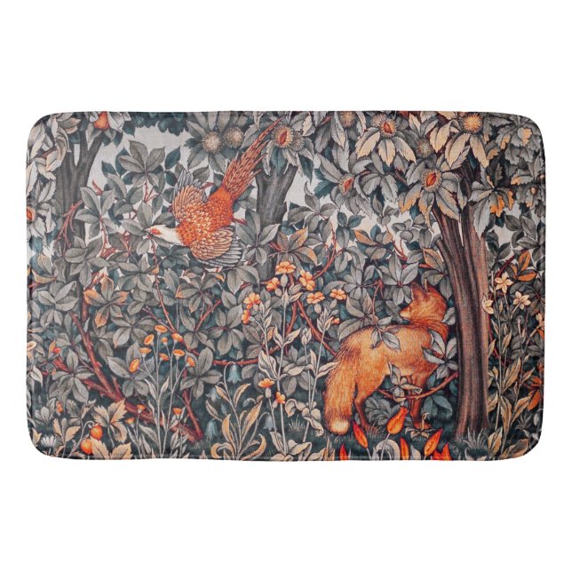 GREENERY,FOREST ANIMALS Pheasant ,Red Fox, Floral Bath Mat (Front)