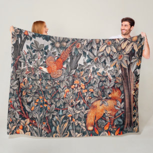 GREENERY,FOREST ANIMALS Pheasant, Red Fox Floral Fleece Blanket