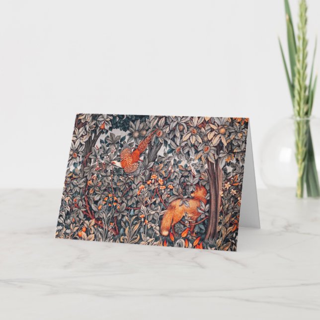 GREENERY,FOREST ANIMALS Pheasant ,Red Fox, Floral Holiday Card (Front)