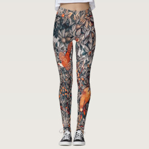 GREENERY,FOREST ANIMALS Pheasant ,Red Fox, Floral Leggings