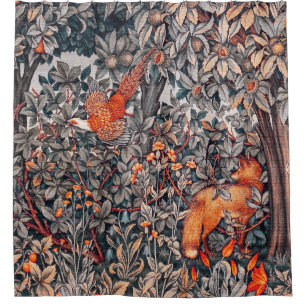 GREENERY,FOREST ANIMALS Pheasant ,Red Fox,Floral Shower Curtain