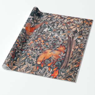 GREENERY,FOREST ANIMALS Pheasant , Red Fox Floral Wrapping Paper