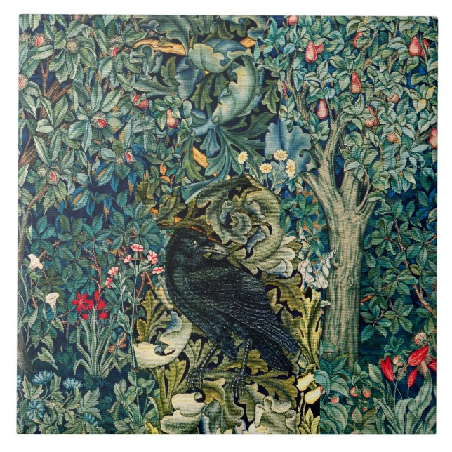 GREENERY, FOREST ANIMALS ,RAVEN IN GREEN FLORAL CERAMIC TILE (Front)