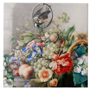 GREENERY, FOREST ANIMALS ,RAVEN IN GREEN FLORAL CERAMIC TILE