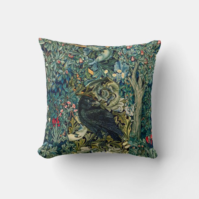 GREENERY, FOREST ANIMALS ,RAVEN IN GREEN FLORAL CUSHION (Front)