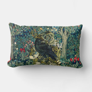 GREENERY, FOREST ANIMALS ,RAVEN IN GREEN FLORAL LUMBAR CUSHION