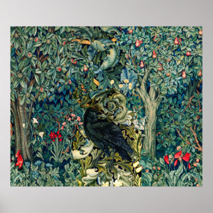 GREENERY, FOREST ANIMALS ,RAVEN IN GREEN FLORAL POSTER