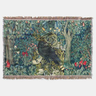 GREENERY, FOREST ANIMALS ,RAVEN IN GREEN FLORAL THROW BLANKET