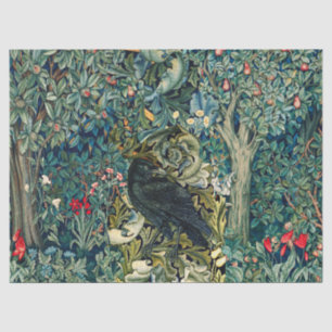 GREENERY, FOREST ANIMALS ,RAVEN IN GREEN FLORAL TISSUE PAPER