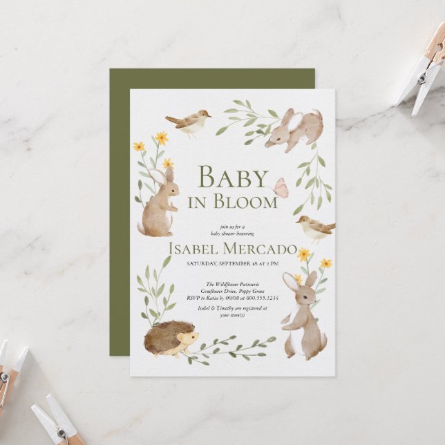 Greenery forest animals woodland Baby in Bloom Invitation (Front/Back In Situ)