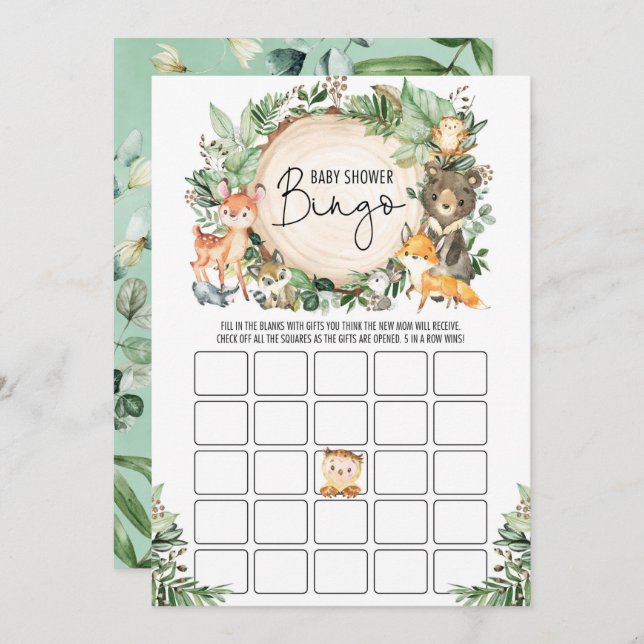 Greenery Forest Bingo Boy Baby Shower Game Card (Front/Back)