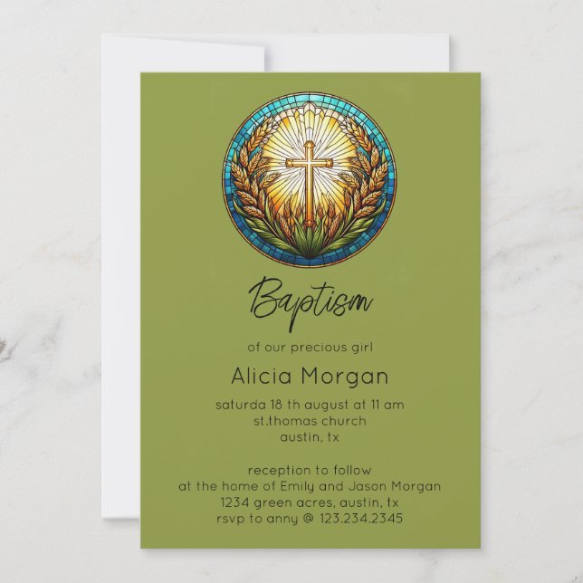 Greenery Fractal Cross Baptism Invitation (Front)