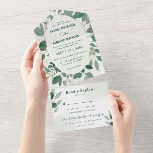 Greenery frame and gold leaves with Rsvp Wedding All In One Invitation