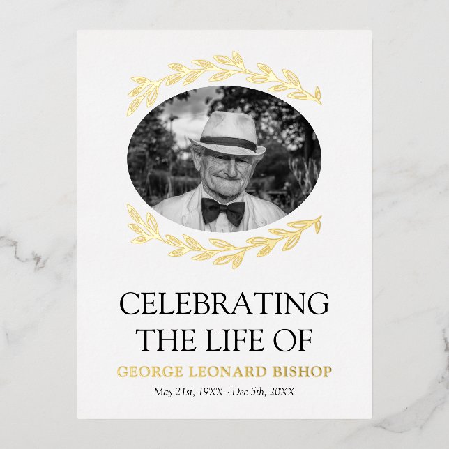 Greenery Frame Oval Photo Funeral Gold Foil Invitation Postcard (Front)